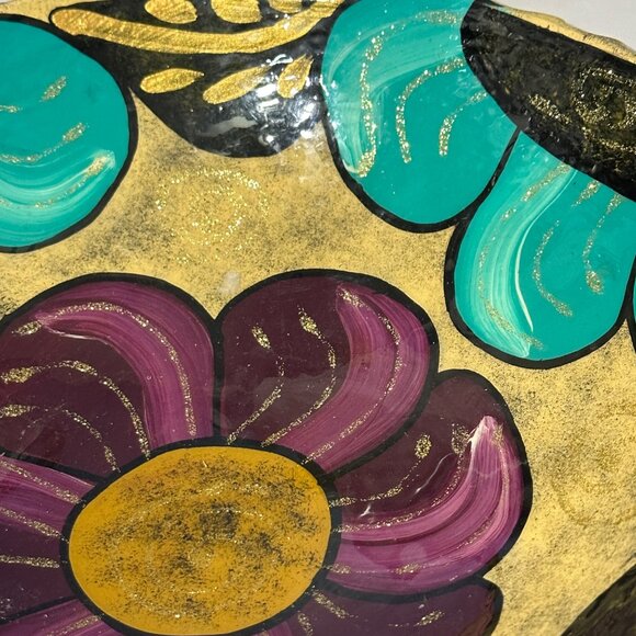 Unsigned Mexican Los Cabos tan teal purple gold footed pottery floral 9.5” dish - Picture 2 of 6